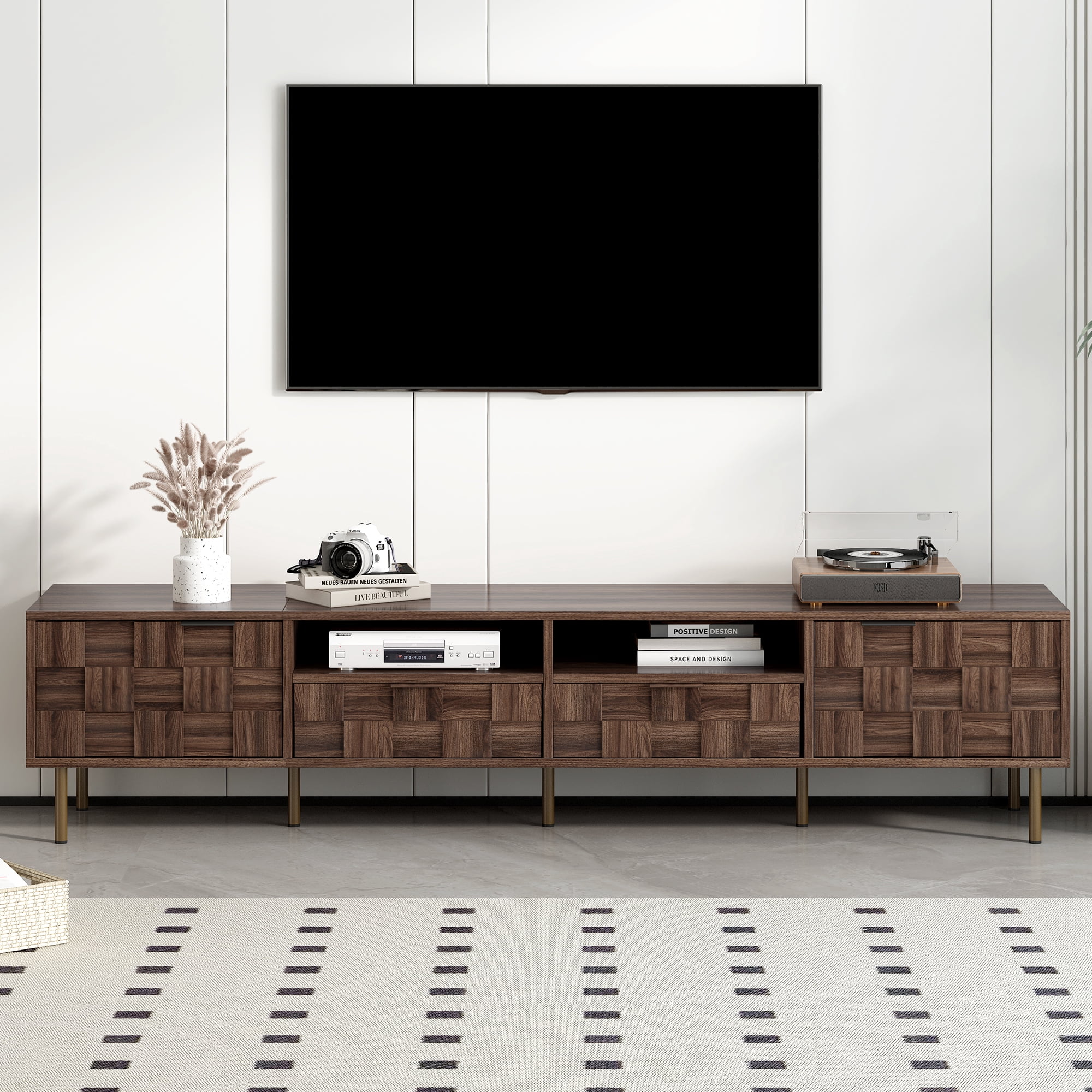 TV Stand for TVs up to 85 Inch, Mid-Century Modern Entertainment Center with 2 Drawers & 4 Cabinets, Media Console for Living Room