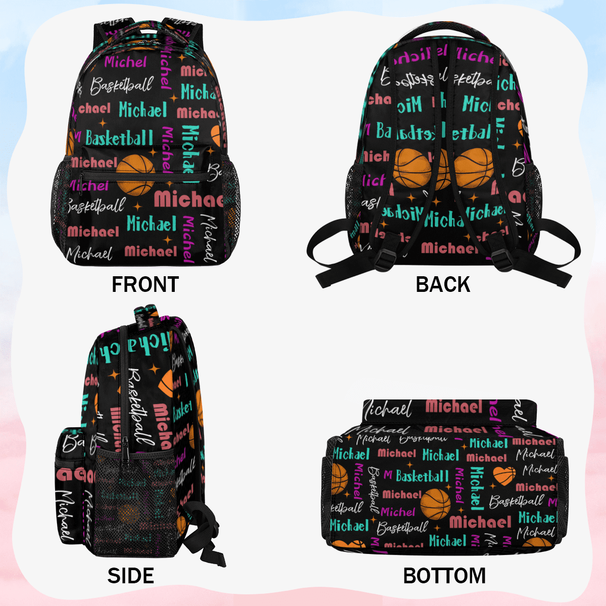 Jiaoprinted Custom Basketball Theme Backpack with Name, Personalized Lightweight Casual Daypack for Women Men, Customized 18 Inch Travel Back Pack
