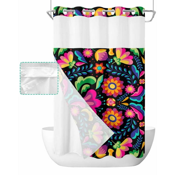 No Hook Shower Curtain with Snap in Liner, Mexico Colorful Mystic Floral Pattern Hotel Shower Curtains for Bathroom, Washable Shower Curtain Liner Set with Mesh Top Window, 36"x78"