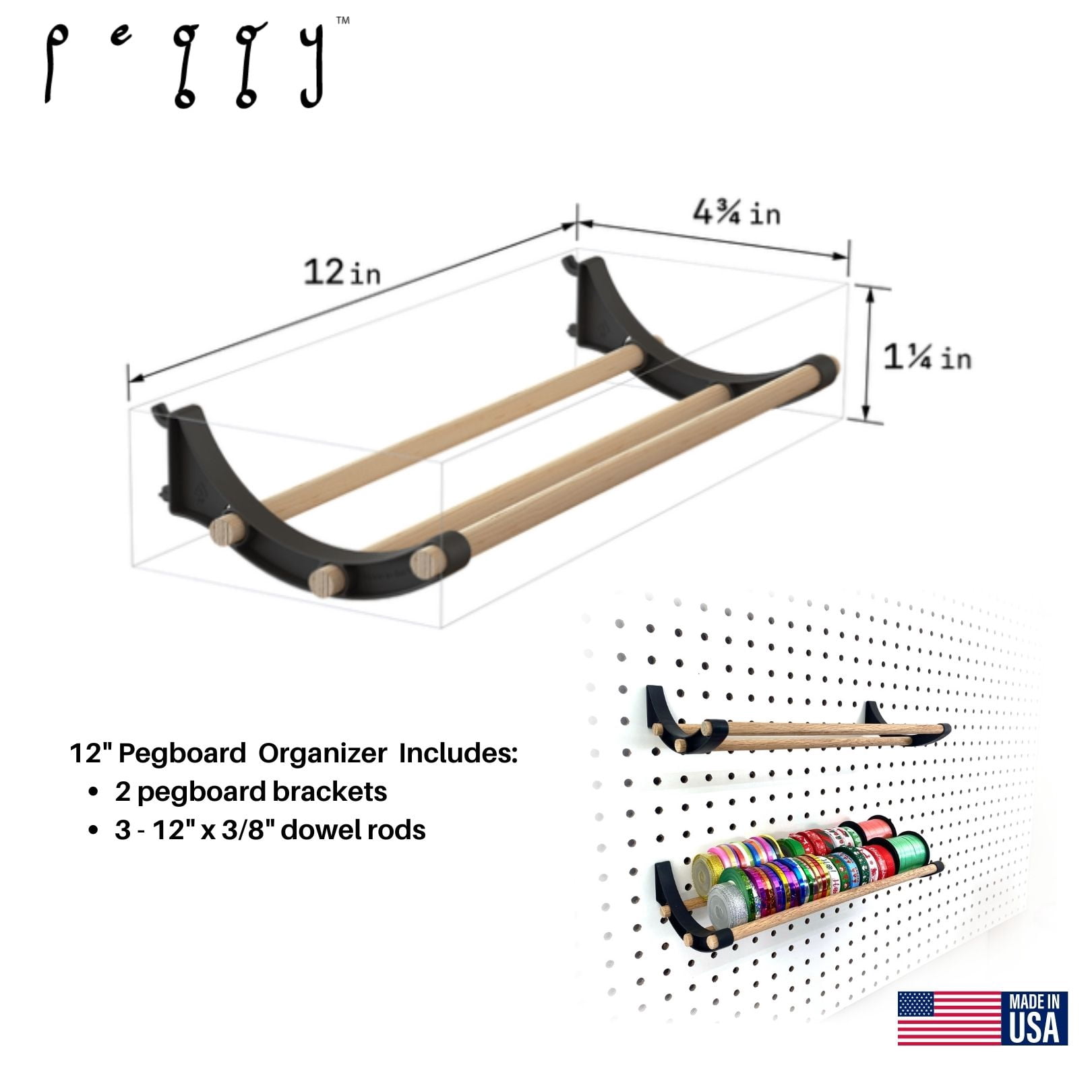 Peggy Pegboard Tape and Ribbon Organizer, Accessory Hook and Dowel Storage for Wrapping, Crafts, Hobby, Wine Rack 12” kit - 6PK