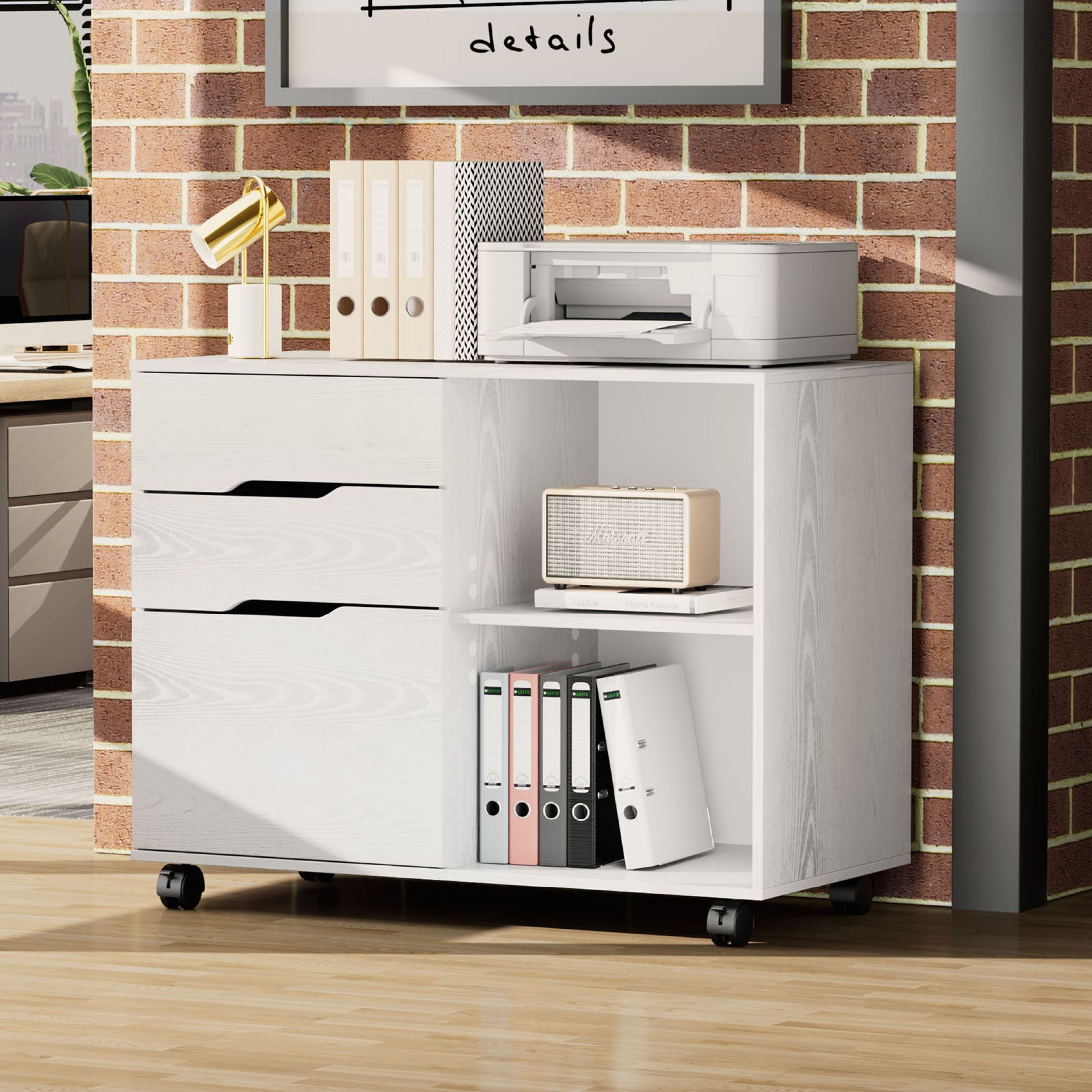 GIANNA 3 Drawer File Cabinet with Wheels, Rolling Wood Printer Stand and Open Storage Shelves for Home Office, White