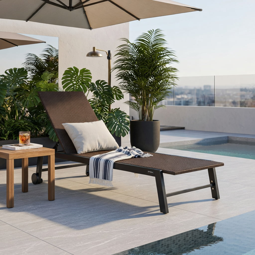 Hommoo Adjustable PE Wicker Chaise Lounge Chair with Wheels， Heavy-Duty 400 lb Capacity for Poolside, Patio, Backyard & Deck, Brown
