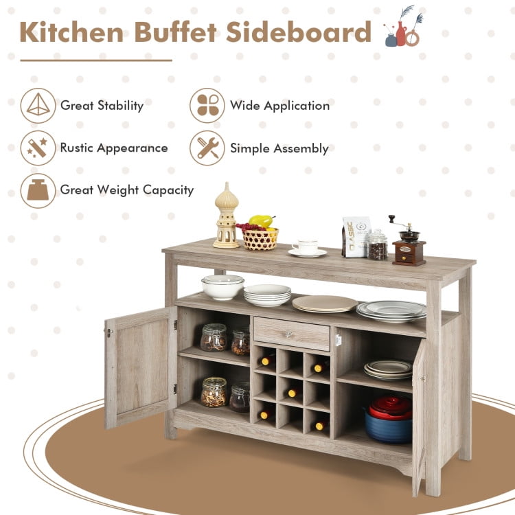 Finihen Kitchen Storage Cabinet, Buffet Sideboard, Server Buffet Sideboard With Wine Rack and Open Shelf, for Dining Room, Kitchen, Living Room, Gray