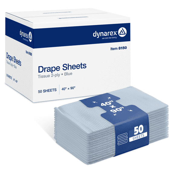 Dynarex Disposable Drape Sheets - 40" x 90" (Case of 50), Blue, 1-Ply Tissue with PE Layer for Patient Privacy, Exams, and Procedures