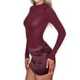 thumbnail image 2 of Women's Patchwork Bodycon Sleeve Ruched Bodycon Work Mini Dress Wine Red L, 2 of 10