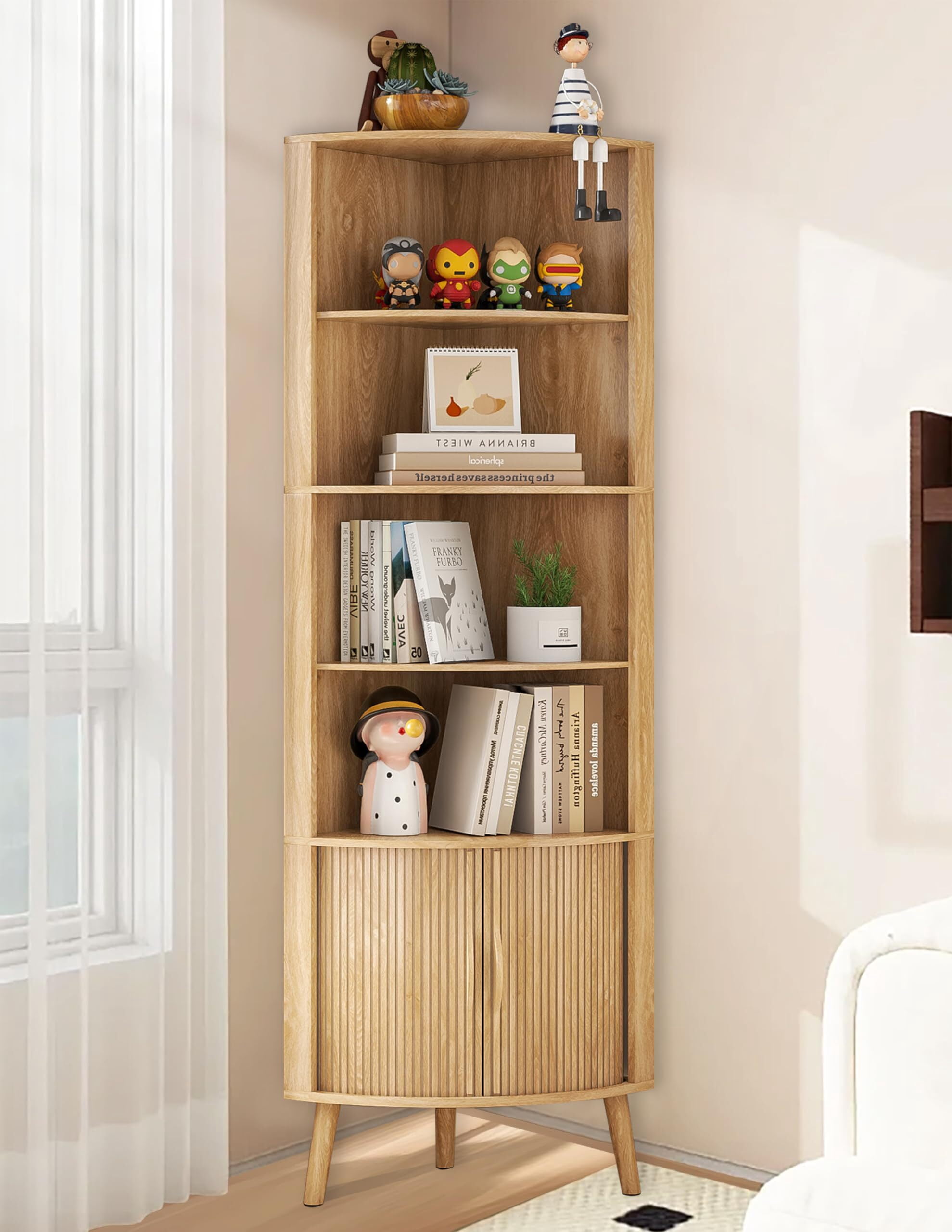 Modern Corner Cabinet, 66.7" Tall Bathroom Storage Cabinet with 2 Fluted Doors & Shelves for Kitchen, Living Room, Wood