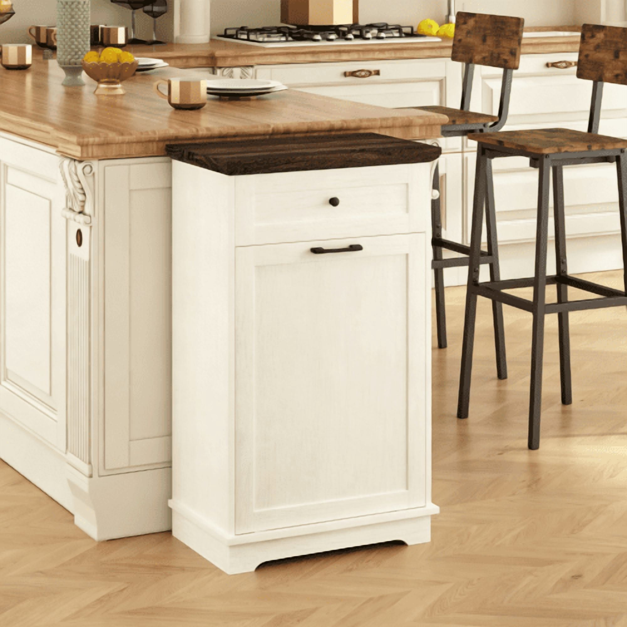 10 Gallon Tilt Out Trash Cabinet, Freestanding Wooden Garbage Recycling Bin with Hideaway Drawer, Pet Proof Trash Can Holder for Kitchen Living Room, Antique White (Trash Can Not Included)