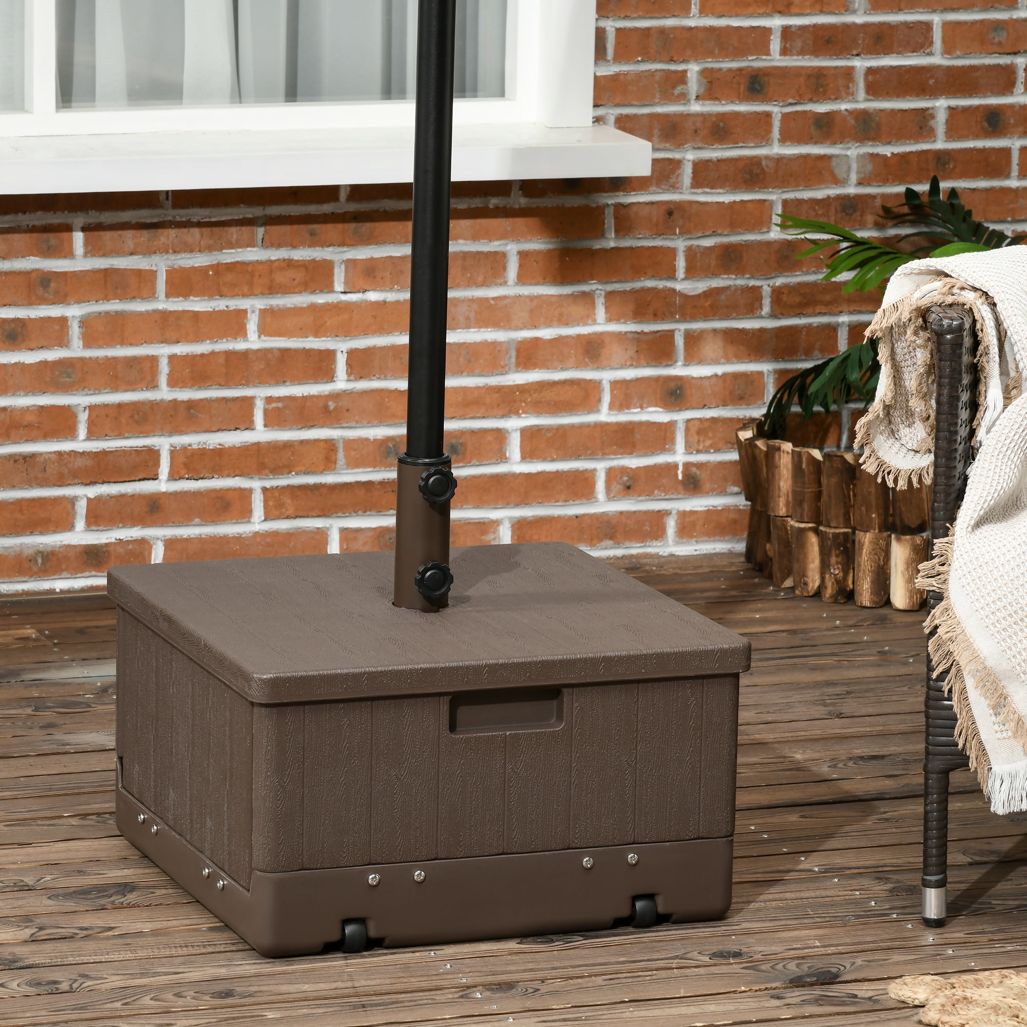 3-in-1 Outdoor Umbrella Base, Coffee End Table, Flower Box Planter, 175lbs Capacity Patio Umbrella Stand Table with Wheels and Handles, Brown