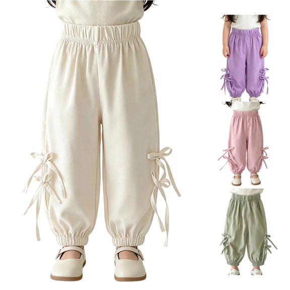 Rggeeun Girl Child Wide Leg Pants Tapered Hem Side Bowknot Solid Color Pleated Elastic Waist Calf Length Breathable Relaxed Fit Evening Party Basic Trousers,White,6-7 Years