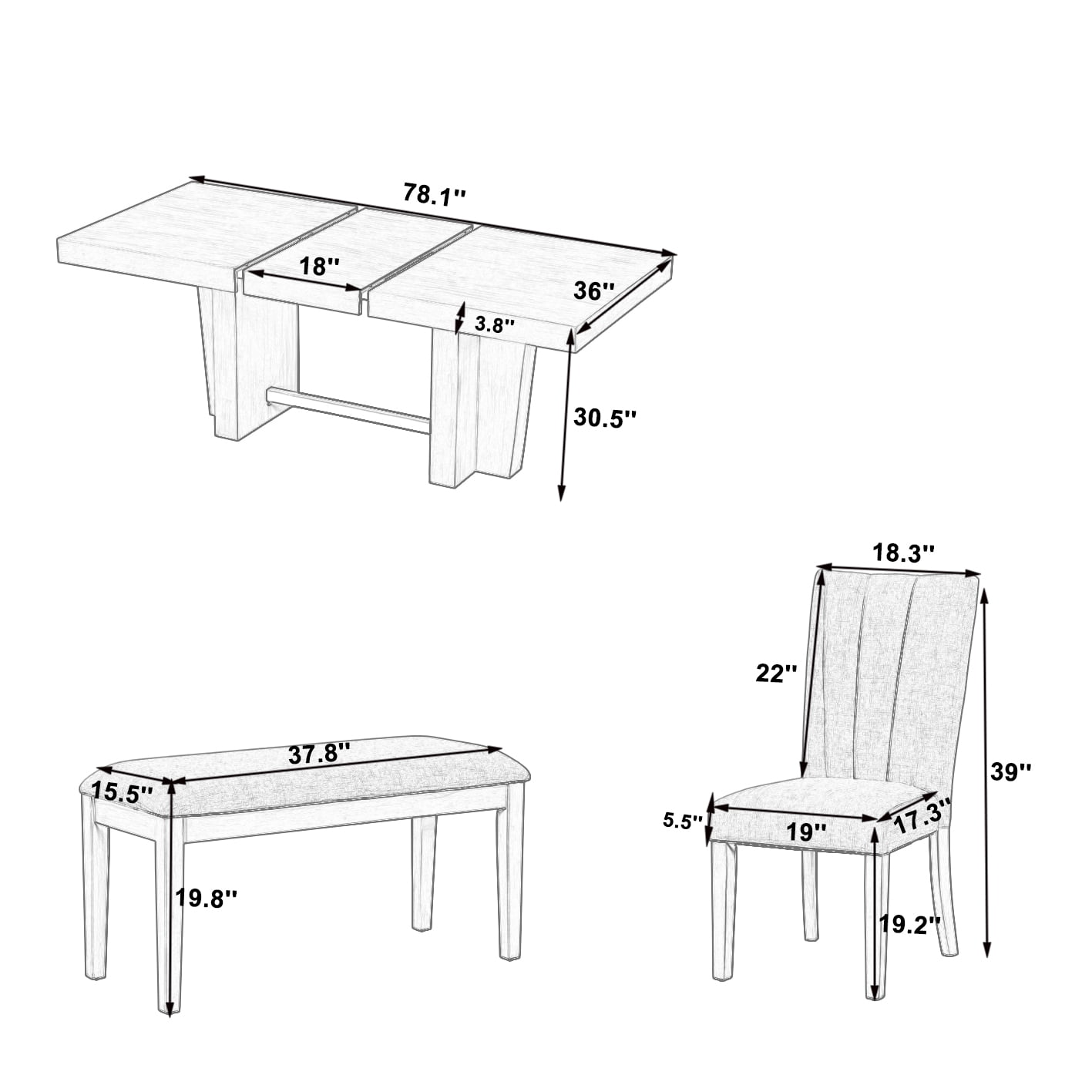 6 Piece Dining Table Set for 6, 58"-76" Extendable Dining Table with Bench and 4 Upholstered Chairs