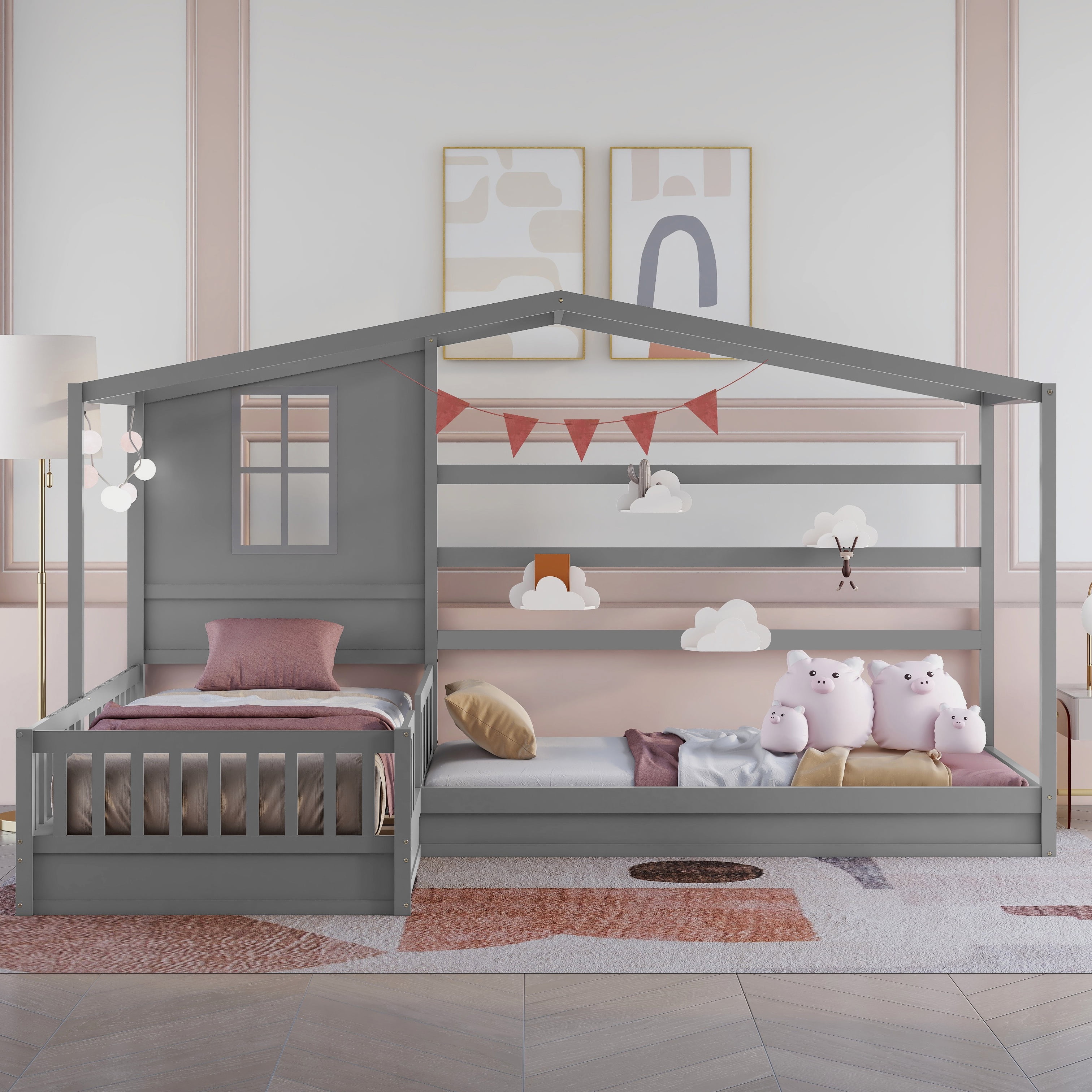 Bellemave House Beds for 2, Wood L-Shape Twin Bed Frame with Roof and Fence Railings, Double Twin Size Montessori Bed Frame No Box Spring Needed (Grey)