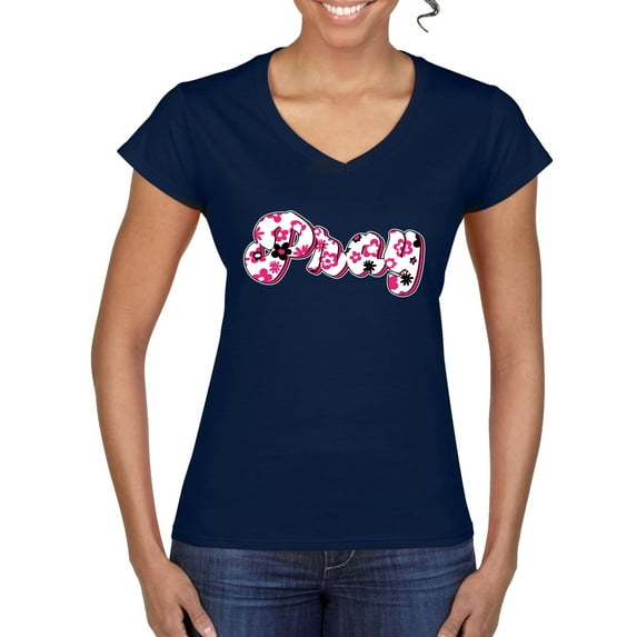 Wild Bobby Pray Bubble Letters Inspirational/Christian Women Standard V-Neck Tee, Navy, X-Large
