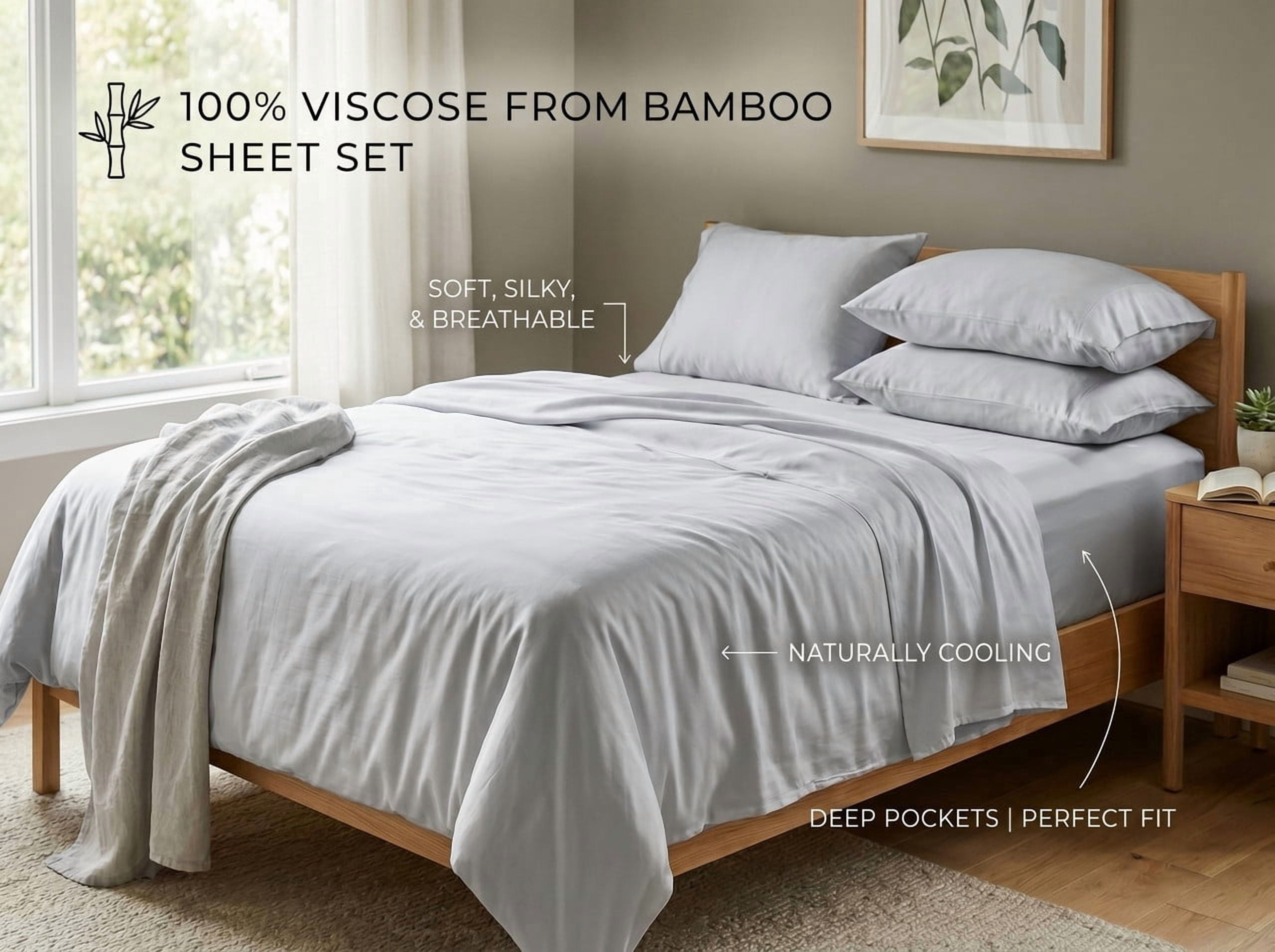 100% Viscose Derived from Bamboo Short Queen Size Sheets 4-Piece 1000 Thread Count - For Hot Sleeper - Breathable & Cooling, Hotel Luxury - 18" Extra Deep Pocket - Silver Gray