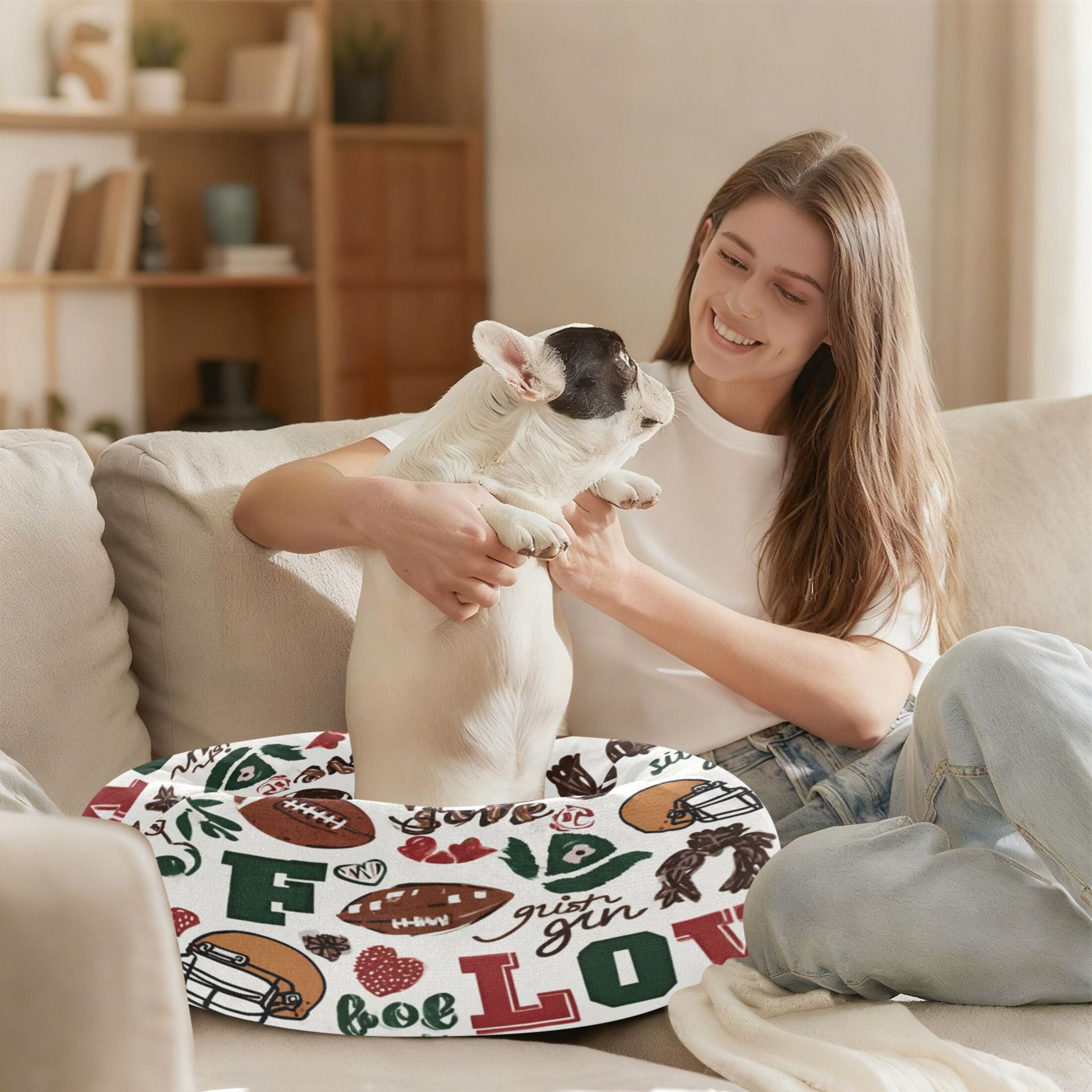 Iauyy Pet Couch Donut Cat Bed for Indoor Cats/Small Dogs Washable & Machine with Non-slip Bottom Calming Cat Furniture, Love Sports (M)
