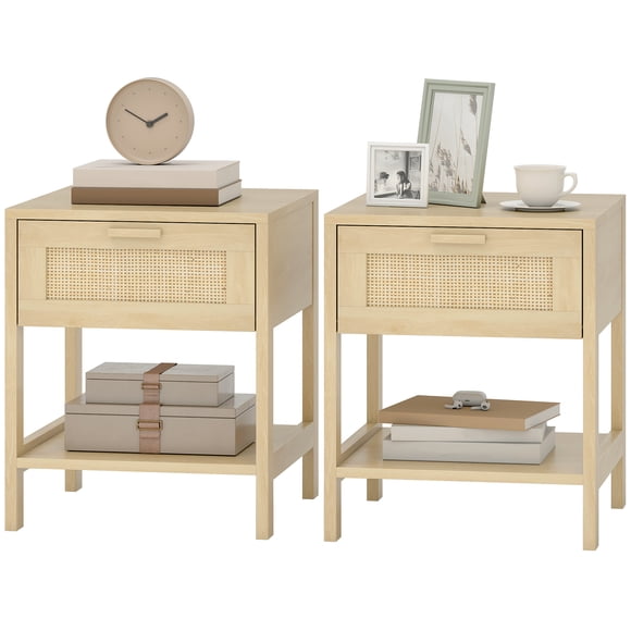 CoSoTower Narrow Nightstand with Rattan Elements, Bedside Table with Drawer and Storage Shelf for Bedroom, Set of 2, Natural Wood