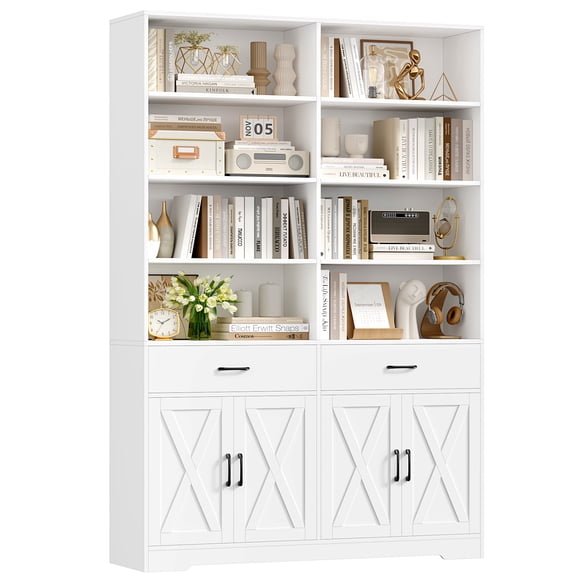 Hiphuta 78" Tall Double Row Bookcase with Drawers and Doors, Farmhouse Large Bookshelf with Cabinets, 47" Wide Cube Organizer for Home Office Living Room, White