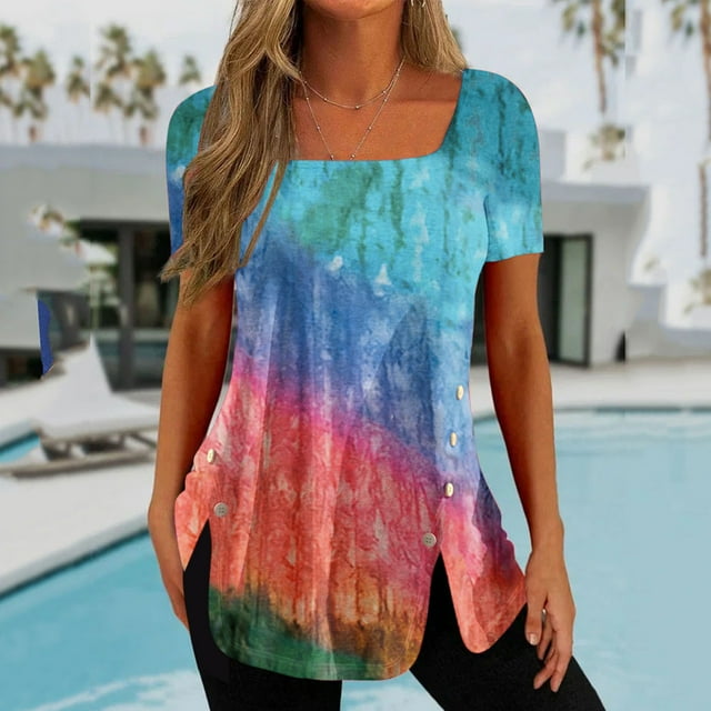 LSLJS T-Shirts pour Femmes Mode Décontractée Imprimée Col Carré Manches Courtes Boutons Hauts Blouses Amples