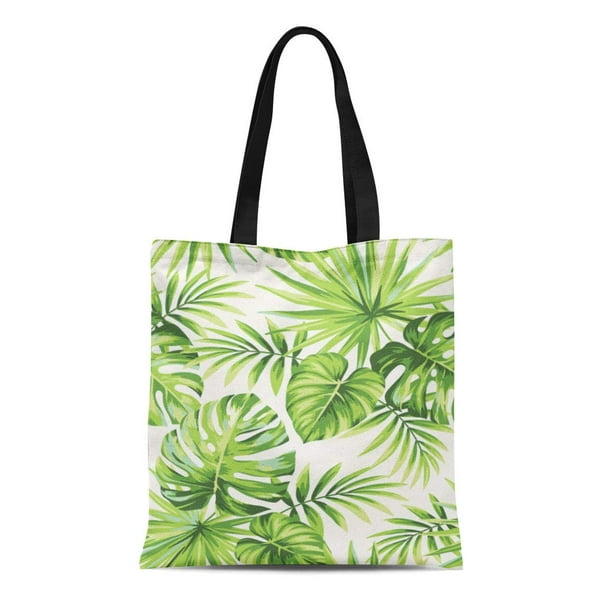 ASHLEIGH Canvas Tote Bag Green Leaf Tropical Exotic Palm Leaves Pattern
