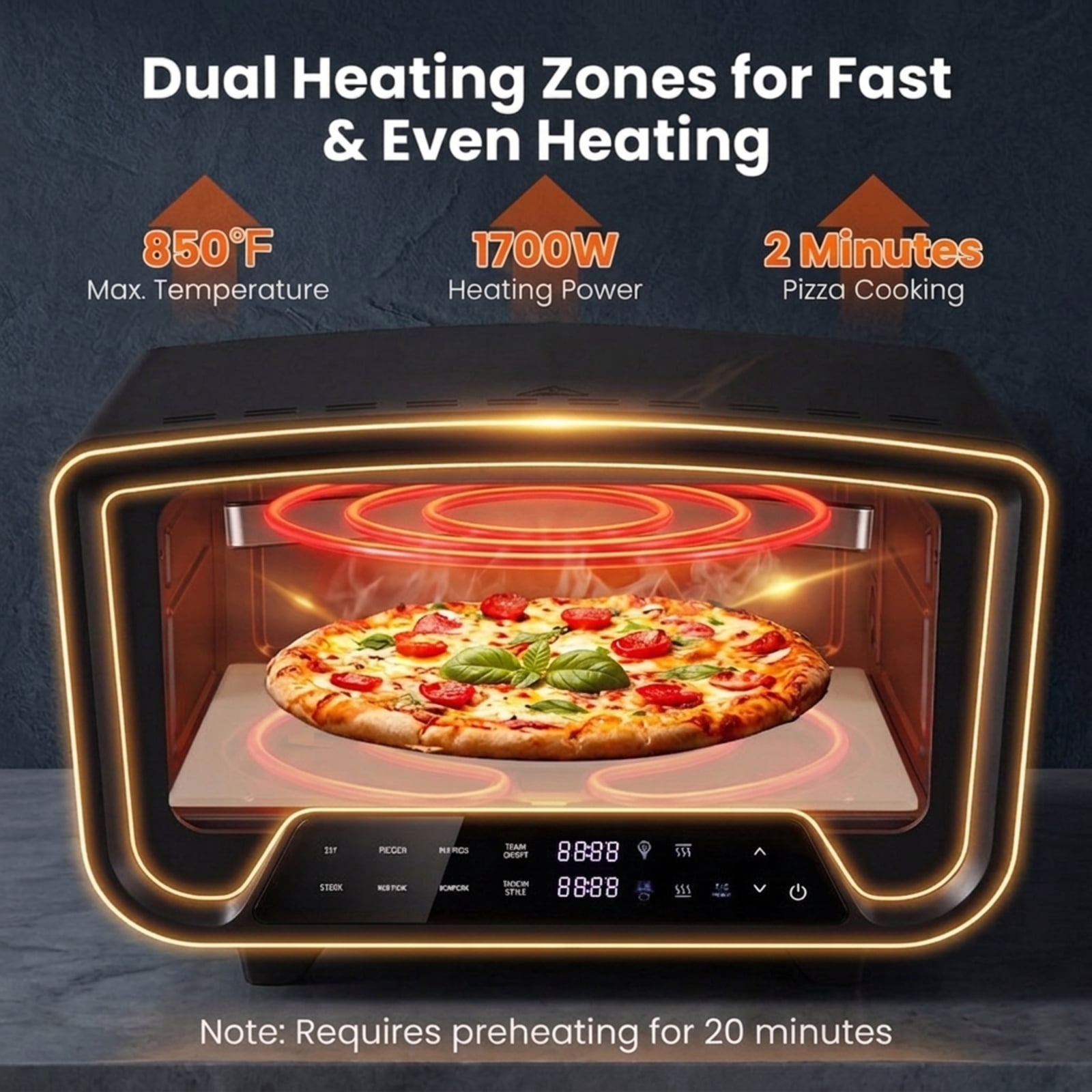 RUIE Indoor Electric Pizza Oven for 12 Inch Pizzas, 1700W Countertop Pizza Maker with 8 Presets 850F Pizza Stone and Peel for Home Kitchen, Black
