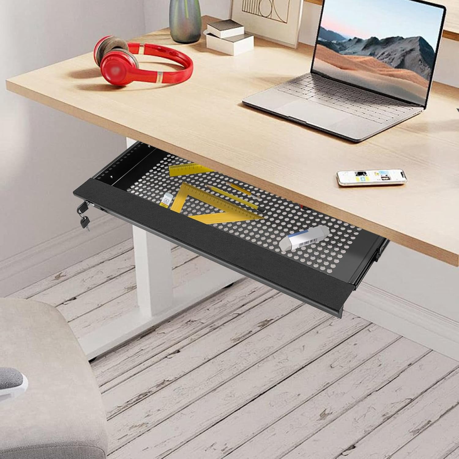 21.56'' Under Desk Mounted Sliding Pull-out Drawer, Pull-out Drawer with Lock Space-Saving, for Office Desk, Pull Handle, Storage Organizer for Sit Stand Workstation, Black