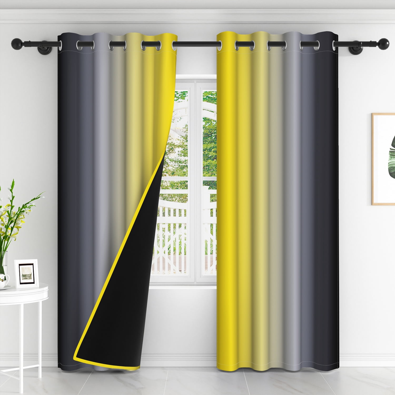 Lfeey Yellow Room Darkening Curtains, Gradient Black Ombre Blackout Curtains, Living Room Kids Bedroom Decorative Privacy Curtains, 52W X 96L, 2 Panels