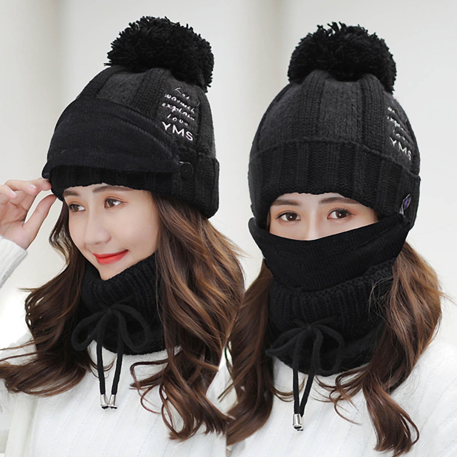 Women Winter Hat Set of 4 , Winter Beanie with Buttons Scarf Facial Cover and Touch Screen Gloves Fleece Lining Kint Hat