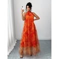 thumbnail image 3 of Orange Floral Mesh Sleeveless High-Neck Tiered Maxi Dress For Women, 3 of 6