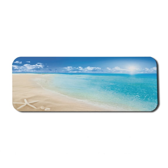 Beach Computer Mouse Pad, Sunny Summer Seashore Clear Sky Seashells Starfish Clouds Aquatic Picture, Rectangle Non-Slip Rubber Mousepad Large, 31" x 12" Gaming Size, Aqua Cream Blue, by Ambesonne