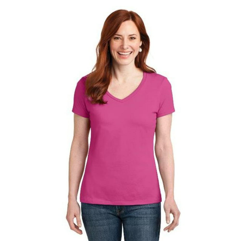 Hanes - Hanes S04V Ladies Nano-T Cotton V-Neck T-Shirt, Wow Pink ...