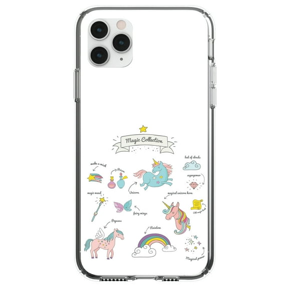 DistinctInk Clear Shockproof Hybrid Case for iPhone 11 (6.1" Screen) - TPU Bumper, Acrylic Back, Tempered Glass Screen Protector - Magic Collection White - Unicorn, Rainbow