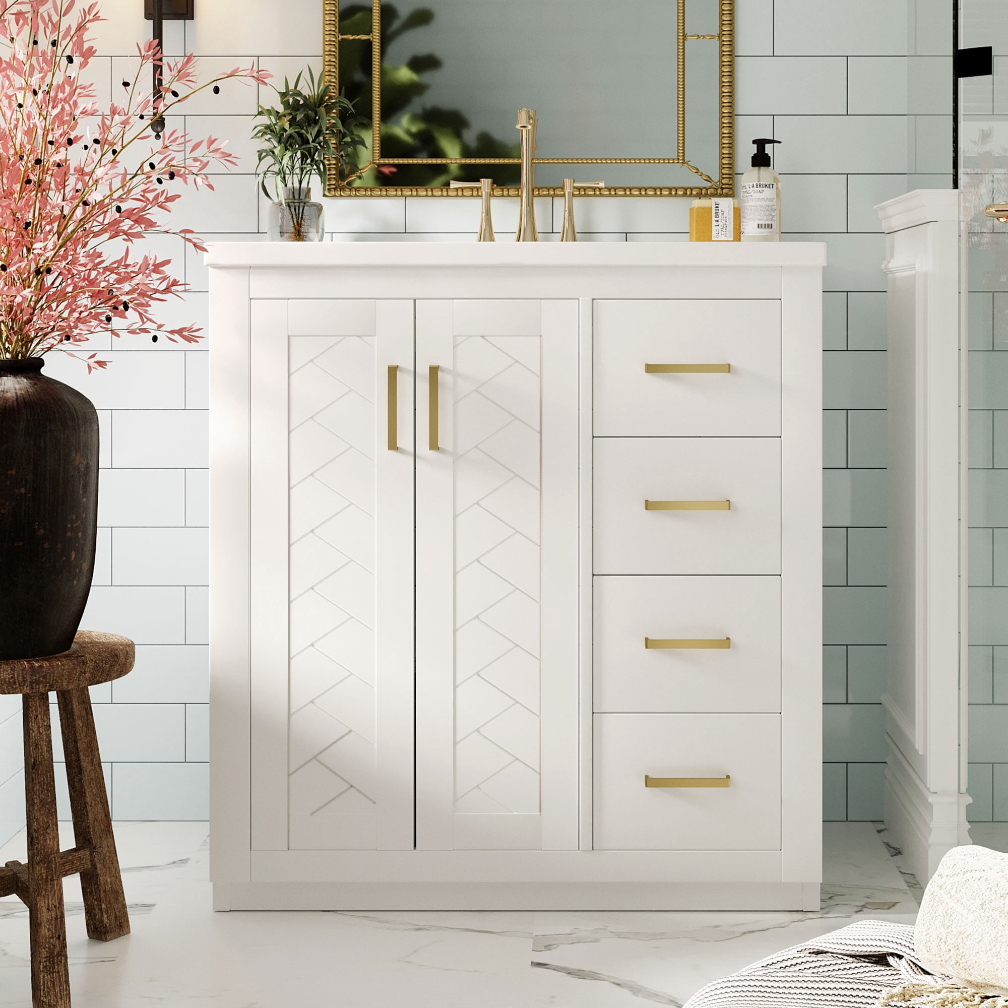 Harper & Bright Designs 30" Bathroom Vanity with Sink, Bathroom Floor Cabinet with Drawers and Soft Closing Doors, Single Sink Bathroom Vanity, White