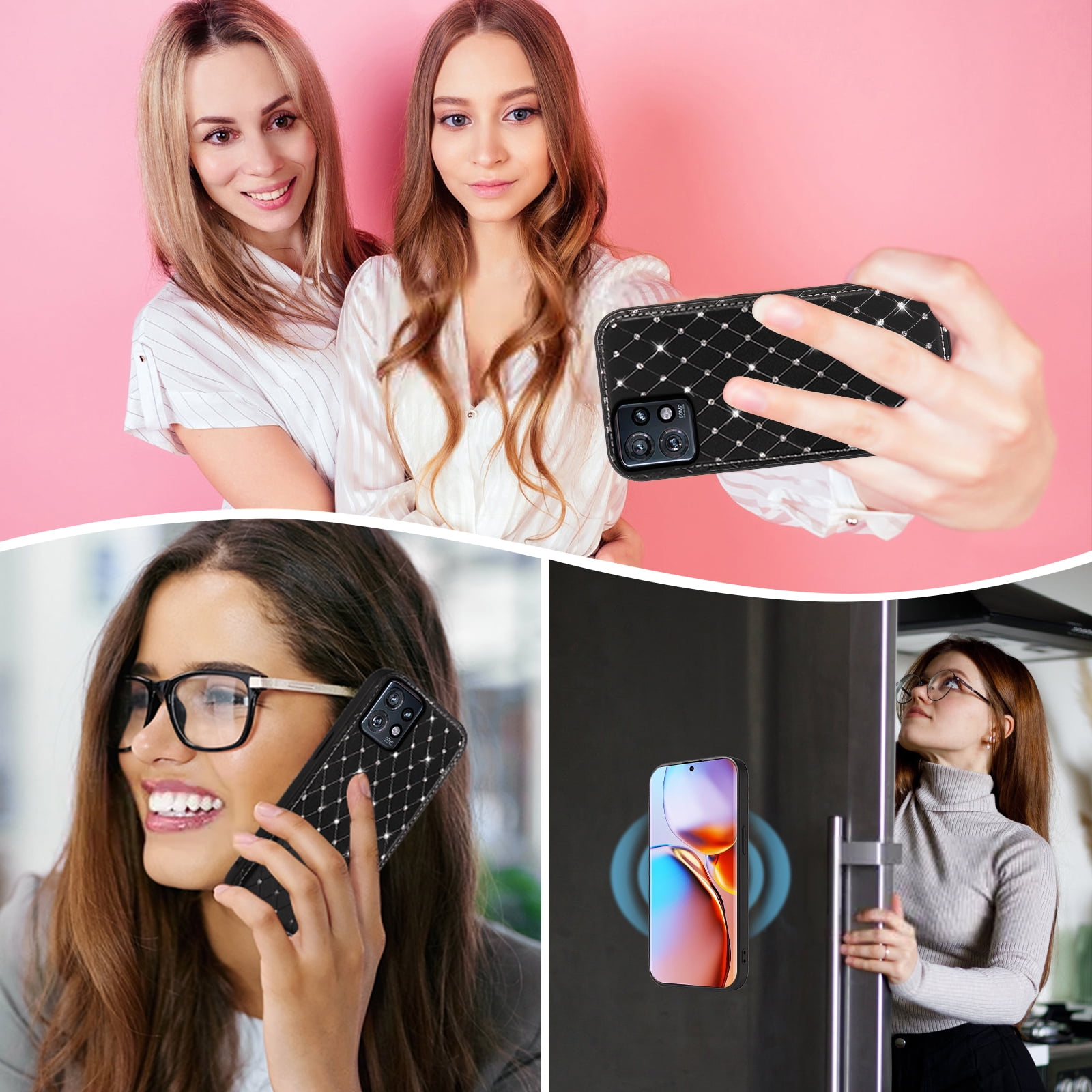 Phone Case for Motorola Edge+ Plus 2023/Edge 40 Pro 5G/Moto X40 Zipper Wallet Detachable Cell Cover with Tempered Glass Screen Protector Crossbody Lanyard Strap Glitter Flip Card Holder Slot Black