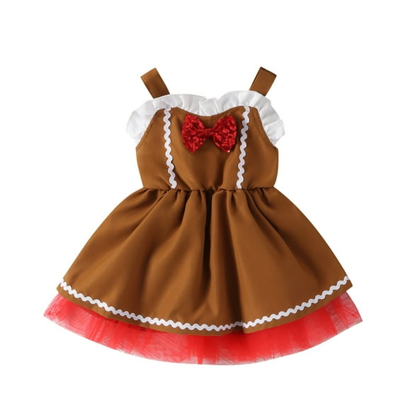 Generic Winter Holiday Outfits Toddler Girls Sequin Bow Ruffle Halter Dress Xmas Cookie Dress Up Outfit for Casual Soft Comfortable Clothing(3-4 Years,Brown)