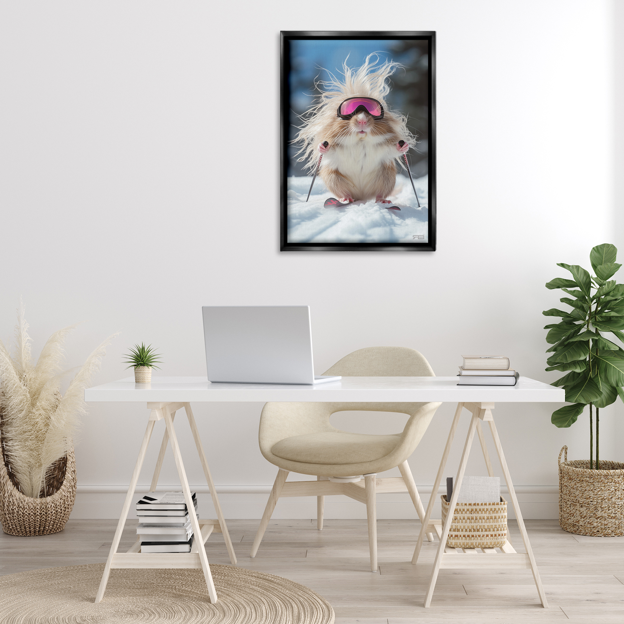 Stupell Industries Skiing Guinea Pig Animals & Insects Painting Black Floater Framed Canvas Art Print Wall Art, 21 x 31