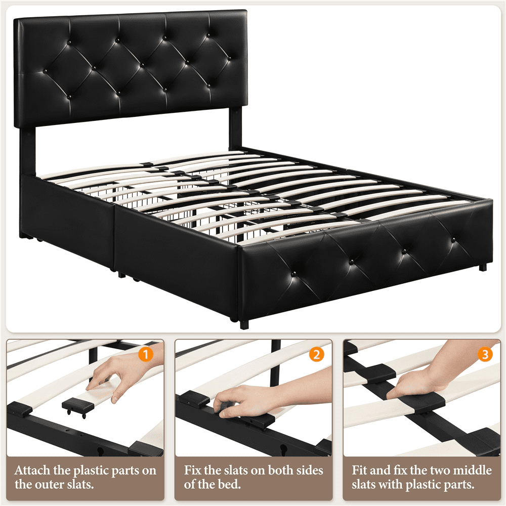Renwick Diamond Button-Tufted Upholstered Platform Bed with Storage, Adult, Black, Full