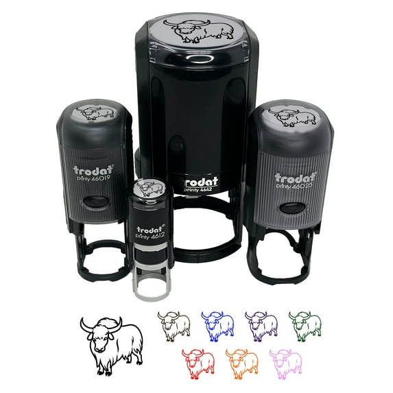 Domestic Yak Long Haired Cattle Self-Inking Rubber Stamp Ink Stamper - Pink Ink - Small 3/4 Inch