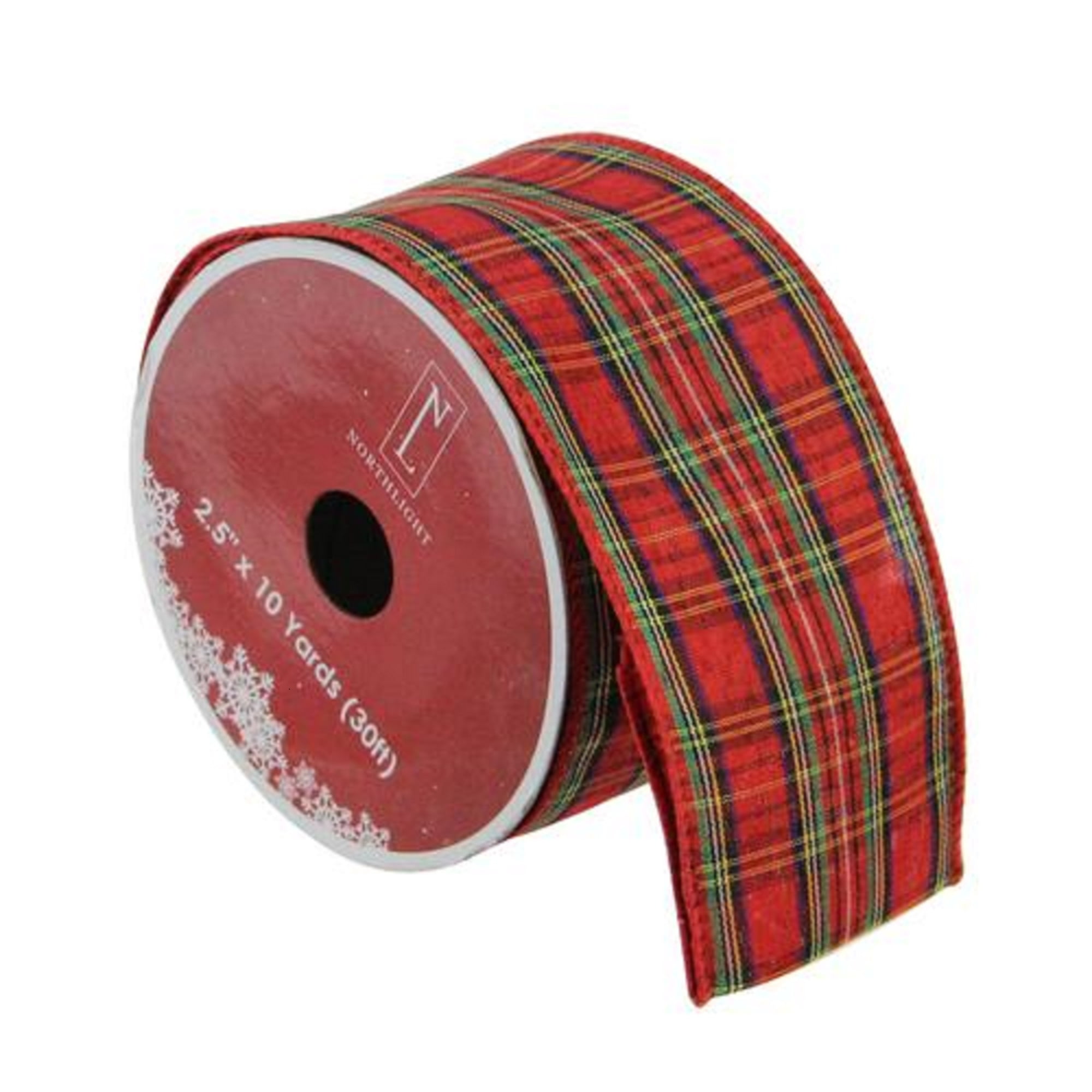 Yellow Blue and White Plaid Christmas Wired Ribbon 2.5 Inches Wide 25 Foot Spool Red Black