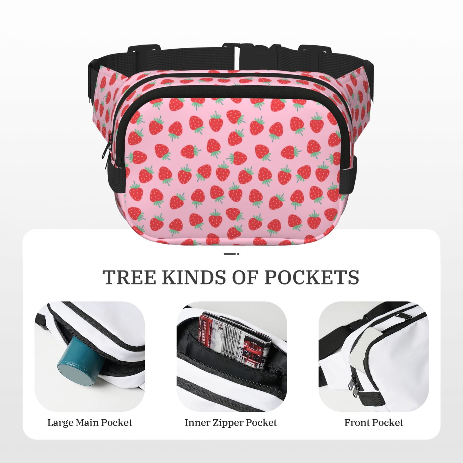 Picia Hand Drawn Strawberry Print Square Double-Layer Waist Bag Mini Adjustable Waist Belt Bag Exercise Running Travel Hiking
