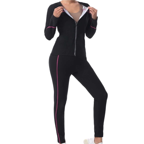 ZQUUVOU Plus Size Sauna Suit for Women Sweat Long Sleeve Zipped Jacket Pants Neoprene Running Fitness Workout Sweatshirt Set Red