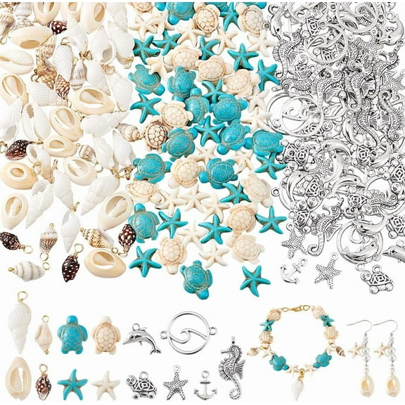 280pcs Ocean Seashell Pendants Kit Spiral/Cowrie Shell Pendants Turquoise Beads Metal Dolphin Charm Turtle Starfish Sea Stars Pendant Connector