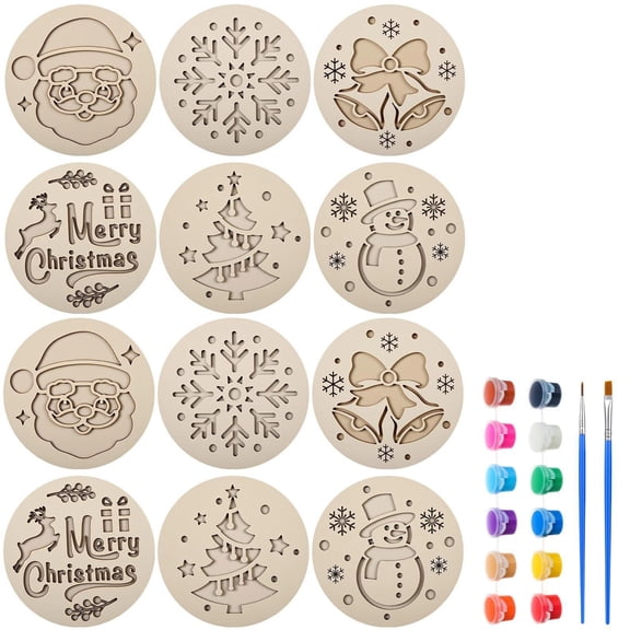 Christmas Table Decorations with Laser-Engraved Wooden Coasters and Acrylic Paint, Rustic Dining Table Centerpiece Decor for Holiday Crafting, Christmas Party Favors and Festive