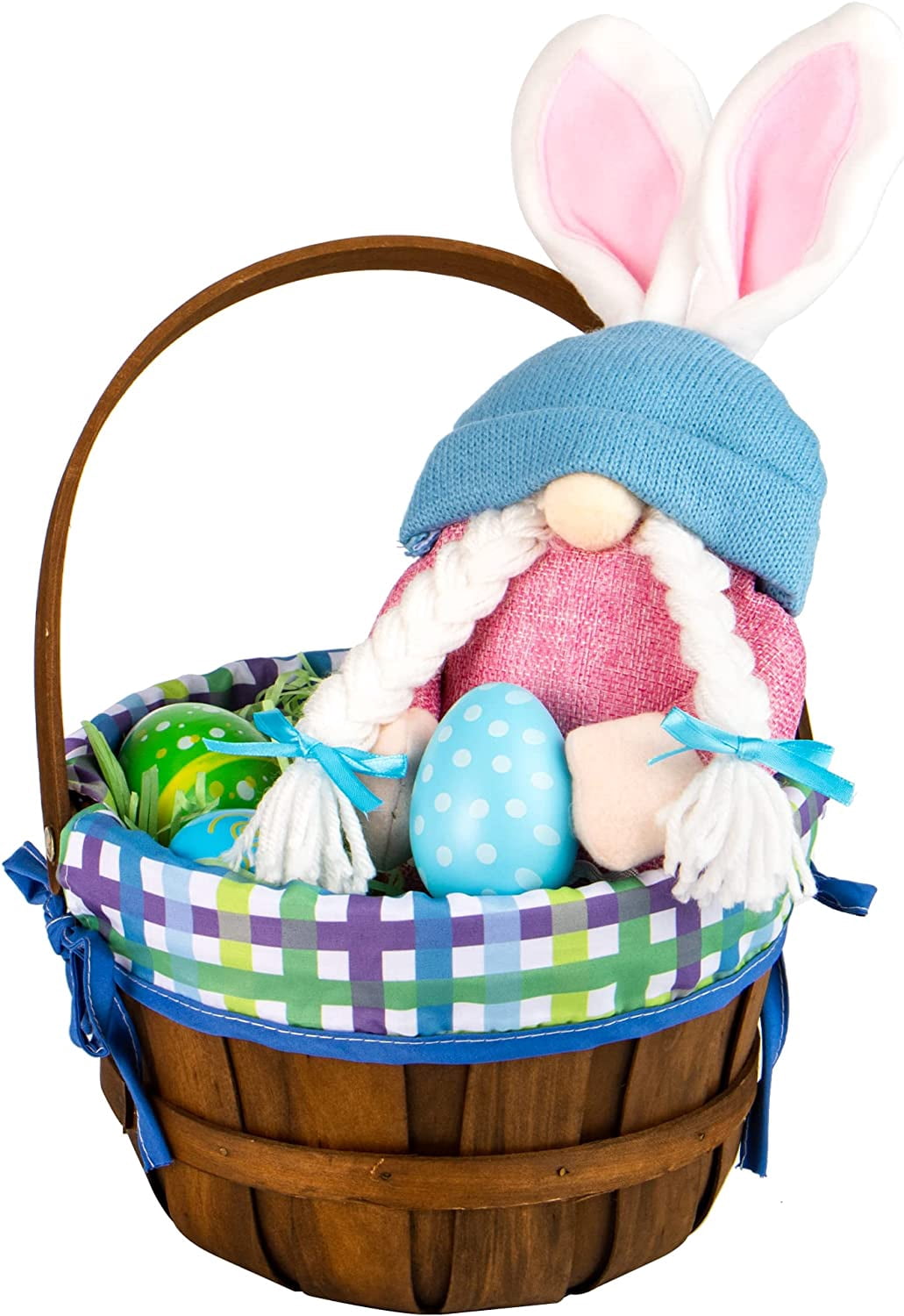 2 Pcs Easter Natural Woven Woodchip Basket with Lining, Wicker Wooden Easter Eggs Hunting Basket with Handle for Picnic, Gift Packing, Candy Storage and Party Favors Decorations(12.2" X8.7")