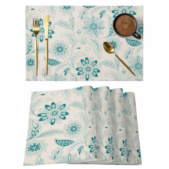 Teal Boho Placemats Set of 4, Vintage Pattern Ethnic Flower Tribal Leaf Placemats for Dining Table, Place Mats for Kitchen Tabletop, Waterproof Wipeable Dining Table Mats Set