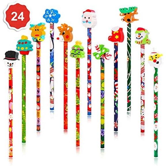 2 Dozen (24) Christmas Pencils Assortment With Giant Eraser Topper Decorated With Santa Christmas Tree For Christmas School Party Favor Supplies Accessories Goodie Bag Stocking Filler