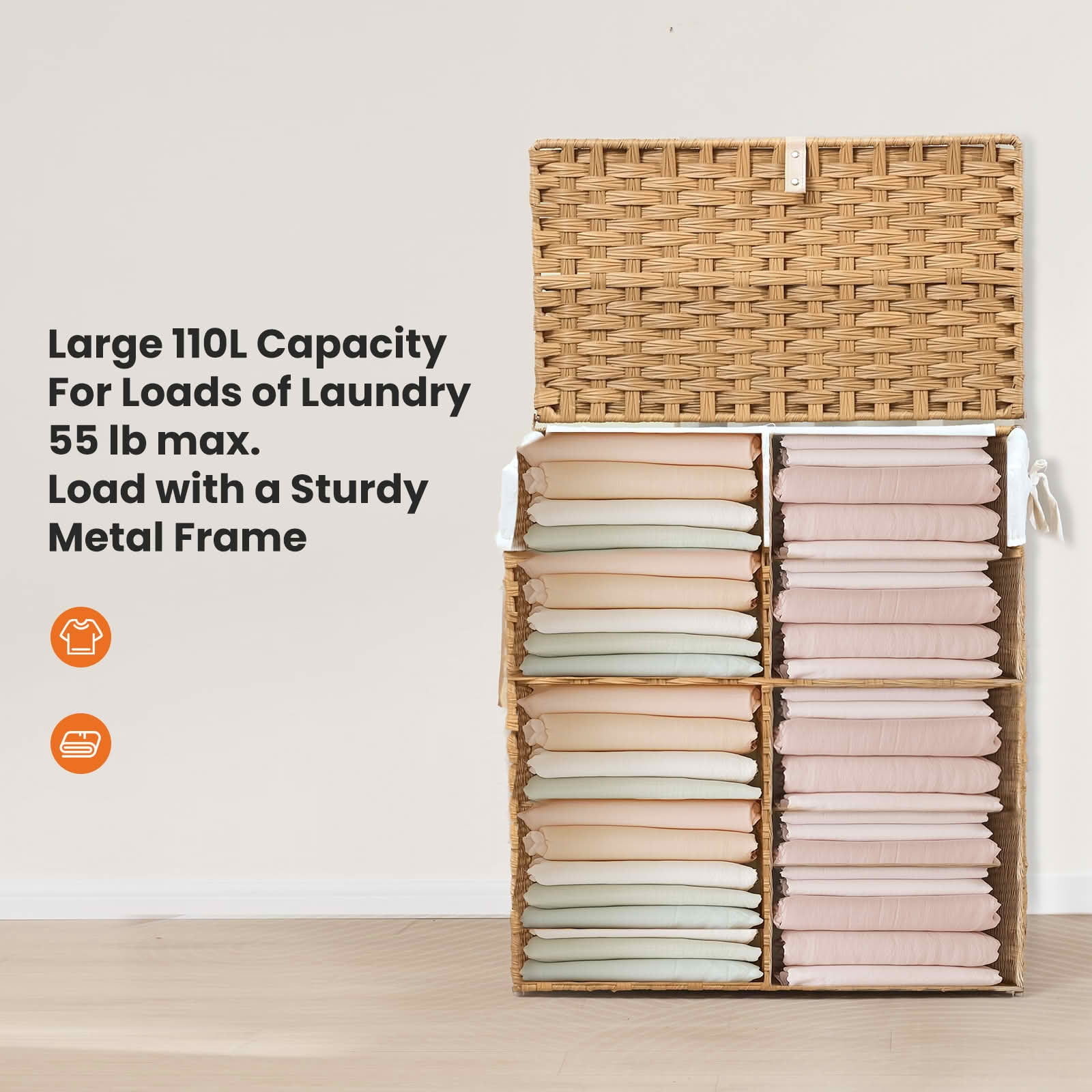 MAYEERTY 110L Hand-Woven PP Rattan Laundry Basket with Lid, Foldable with Compartments Handles