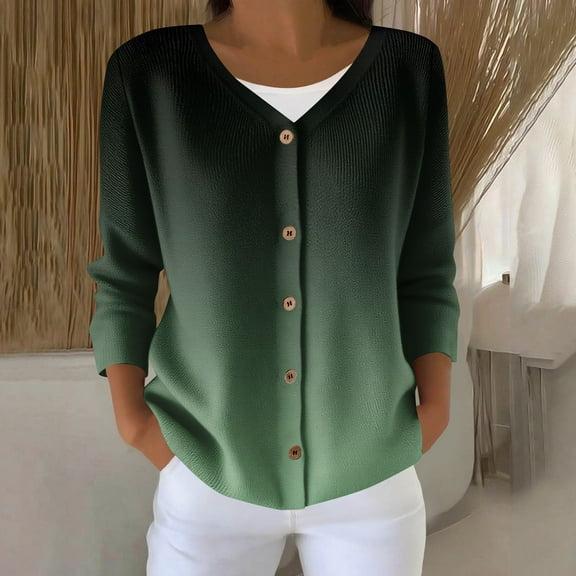 SYMOID Womens Army Green Gradient Knit Cardigan, V-Neck Three-Quarter Sleeves, Polyester with Wooden Buttons, Inclusive Sizing S-XXXXXL for Daily/Office Wear,Size 3XL