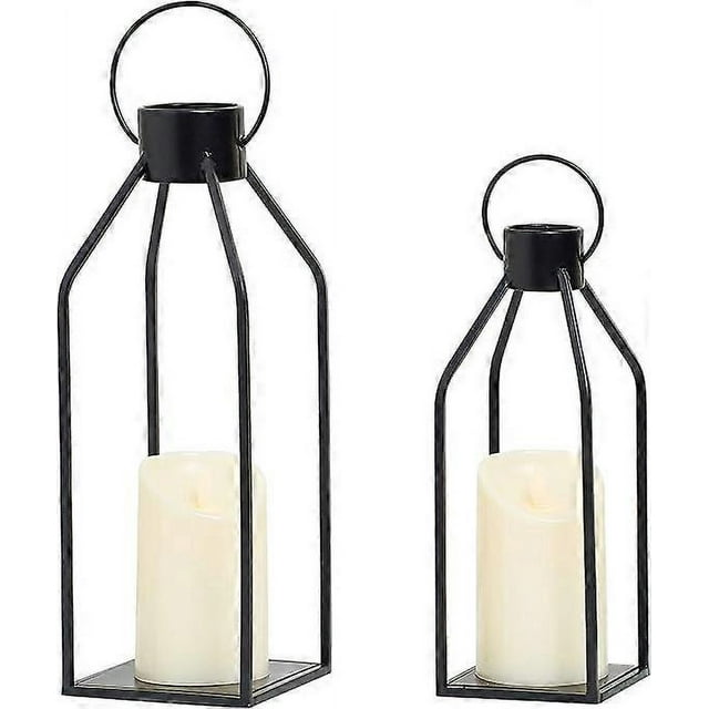Decorative Modern Farmhouse Lantern Decoration - Black Metal Candle Lantern Set of 2 - Lantern Decoration with Flickering LED Candle for Home Decor, I