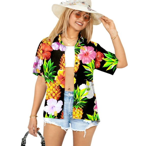 LA LEELA Women's Button Down Blouses Floral Summer Beach Party Blouse Shirt Short Sleeve Vacation Dress Tops Tee Hawaiian Shirts Tank Top Women S Pineapple, Multicoloured