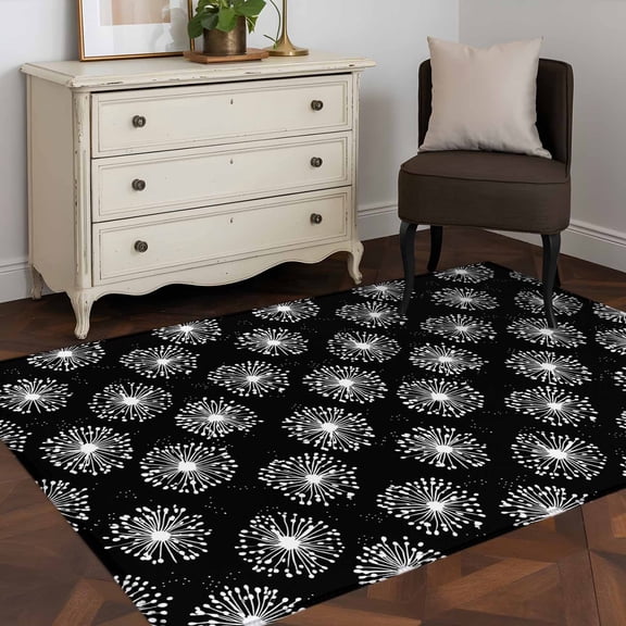 3'x5' Area Rugs, Black White Dandelion Indoor Outdoor Area Rug for Living Room Bedroom, Farmhouse Botanical Blossom Washable Bathroom Rugs Kitchen Floor Carpet Mats Home Decor Aesthetic