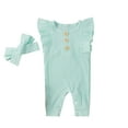 thumbnail image 3 of Odeerbi Infant Romper Baby Boys Girls Clothes Infant Sleeveless Solid Romper Ruffles Jumpsuit with Headbands Blue, 3 of 9